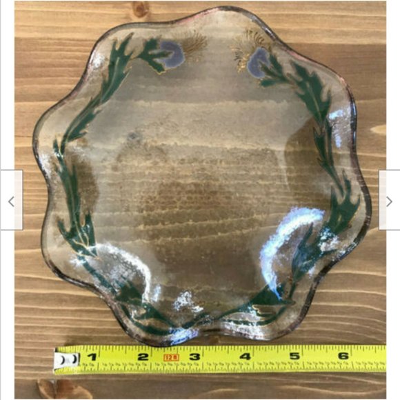 Scottish Thistle Artisan Signed Glass Plate Scalloped Edge Trinket Dish J. Elora - Picture 5 of 6